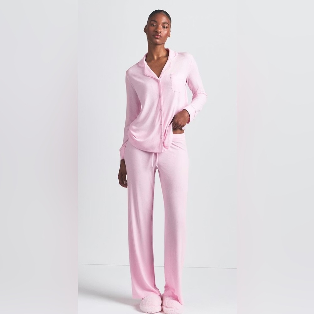 SKIMS NWT Sleep Long Sleeve Soft Pajama Set Pink Bloom Size XL